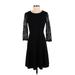 Spense Casual Dress - A-Line Crew Neck 3/4 sleeves: Black Solid Dresses - Women's Size 2 Petite