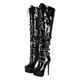 blingqueen Women's Platform Thigh High Boots with Zipper Stiletto Heel Over The Knee High Boots Lace Up Punk Motorcycle Boots Buckles Chains Rivets Ornamented Long Shaft Sock Boots Black Size 12