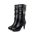 THOYBMO Women's High Boots Black Faux PU Mid Calf Boots Round Toe Winter Warm Stiletto Shoes Rhinestone Chain Decoration Suitable for Casual Outdoor Sports,Black,38