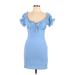 Love Tree Casual Dress - Bodycon Plunge Short sleeves: Blue Print Dresses - Women's Size Large