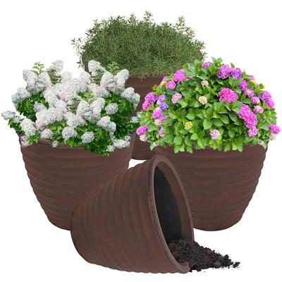 Ribbed Polyresin Outdoor Planter - Rust - Set of 4