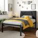 Modern Twin Size Metal Bed Frame with Litchi Grain Leather Upholstered Headboard, No Box Spring Needed, 12.4" Underbed Storage