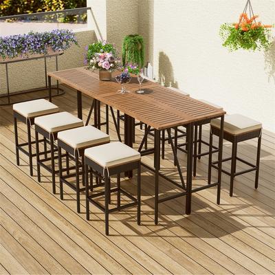 Outdoor Wood Bar Table and Stools with Cushions, Garden Wicker Dining Set