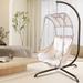 Swing Egg Chair w/ Stand, UV Resistant Cushion Hanging Chair with Cup Holder, Wicker Rattan Frame Hammock Chair for Patio, White