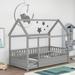 Twin Size Floor Bed Wooden House-shaped Bed Frame with Fence Guardrails & Roof, Twin Size Montessori Bed for Kids Boys Girls