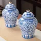 Pot à thé en céramique plaqué or Vintage porcelaine bleu et blanc scellé Pot de stockage