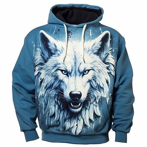 Herren Grafik Tiermotiv Wolf Kapuzensweatshirt Kapuzenshirts Pullover Mode Täglich Basic Lässig Langarm Mit Kapuze Urlaub Sport im Freien Ferien Streetwear Blau Dunkelblau Druck Fronttasche Frühling Image