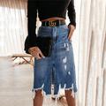 Women's Skirt Denim Midi Skirt Midi High Waist Skirts Pocket Ripped Solid Colored Casual Daily Weekend Summer Denim Fashion Casual Black Blue