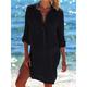 Women's White Dress Shirt Dress Cover Up Mini Dress Button Holiday Vacation Beach Basic Shirt Collar Long Sleeve Loose Fit Black White Navy Blue Color One-Size Size