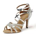 Women's Latin Dance Shoes Training Party Practice Glitter Crystal Sequined Jeweled Party Heels Heel Sandals Party / Evening Heel Buckle Glitter Sequin Peep Toe Cross Strap Adults' Silver
