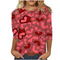 Tuphregyow Tops for Women Ladies 3/4 Sleeve Heart Graphic T-Shirt Comfy Casual Plus Size Tunic Top For Ladies Pullover Blouse Round Neck Dressy Loose Tummy Hiding Red L