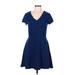 Merona Casual Dress - Mini V-Neck Short sleeves: Blue Print Dresses - Women's Size Medium