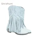 Unishuni-Bottes western à talons hauts pour fille chaussures de cowgirl à pompons hauteur genou