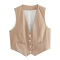 Women Fashion Front Buttons Cropped Waistcoat Vintage V Neck Sleeveless Female Outerwear Chic Tops