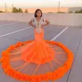 Orange African American Prom Dresses Mermaid Cap Sleeves Crystals Black Girls Nigeria Robe De Soiree