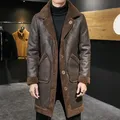 Reversible Men's Fur Shearling Imitation deerskin Leather Long Coat Jacket Man Outerwear Trench