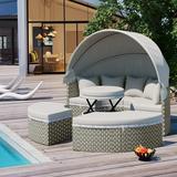 Patio Wicker Daybed Set Outdoor Round Sunbed Furniture Set Sectional Sofa Set with Coffee Table Retractable Canopy and Gray Cushion Conversation Lounger Set for Poolside Backyard Deck