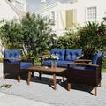 Syngar Patio Conversation Sofa Set of 4 Sectional Chairs Set with Wood Coffee Table and Blue Cushions Outdoor All Weather PE Wicker Furniture Set for Backyard Pool Deck Garden