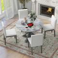 5-Piece Farmhouse Style Dining Table Set Marble Sticker and Cross Bracket Pedestal Dining Table and 4 Upholstered Chairs (White+Gray)