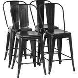 Metal Bar Stool Set of 4 Counter Height Barstool with Back 24 Inches Seat Height Industrial Bar Chairs Patio Stool Stackable Modern Kitchen Stool Indoor Outdoor Metal Bar Stool Kitchen Stools (Black)