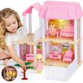 Doll House Dream House for Girls 3 4 5 6 7 8 Year Old Toy - Dollhouse with 2 Dolls and Light Pretend Play House Furniture & Accessories DIY Building Dollhouses for 3+ Year Old Girl Gifts