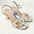 Gucci Shoes | Gucci Leather Mid-Heel Floral Sandal Gg Marmont Size 38/8 | Color: Pink/White | Size: 8