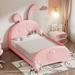 PU Upholstered Rabbit-Shape Princess Bed with Unilateral Safety Guardrail and Rabbit Ears Headboard, Twin Size