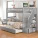 Solid Wood Twin over Twin Bunk Bed with Trundle and 4 Built-in Storage Shelves, Can be Split into 3 Separate Beds