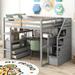 Gray Full Size Loft Bed with Desk, Shelves, Drawers, and Storage Staircase - Versatile Design, Maximized Space Efficiency