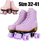 pink purple women Kids Double Row Roller Skates Pink Purple Leather Breathable 4 wheel Sliding Skating Sneakers size 31 32 33 34
