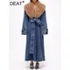 DEAT Fahsion Women Denim Overcoat Fur Collar Belt Patchwork Pockets Loose Split Thick Warm