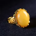 Retro Big Oval Yellow Natural Stone Adjustable Open Rings for Women Luxury Gold Color Opal Ring