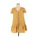 Casual Dress - DropWaist V Neck Short sleeves: Yellow Floral Dresses - Women's Size Large