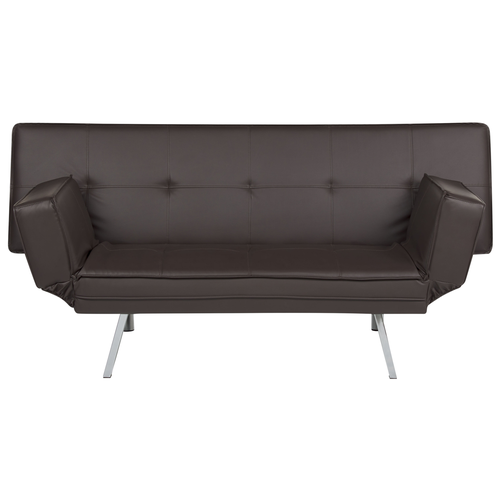 3-Sitzer Sofa Dunkelbraun Kunstleder Gesteppt mit Schlaffunktion Silberne Metallbeine Verstellbare Armlehnen Modern Wohnzimmer Schlafsofa