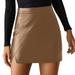 Gzea Tennis Skirts Women s Faux Leather High Waisted Mini Skirt Pu Split Bodycon Shorts Skirts With Slit Brown L