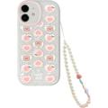 YZBI iPhone 14 Case Cute Bear Love Heart Peach Cartoon Pattern with Heart Pearl Lovely Strap Bracelet Chain Sparkly Shiny Back Camera Protection Phone Cover for Women Girls