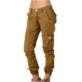 QUYUON Motorcycle Pants Women Ladies Solid Pants Trousers Streetwear Jogger Pocket Loose Overalls Long Pants Lounge Pants Women Long Pant Leg Length Joggers Pant Style N-7178 Brown S