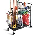 YU Garden Tool Organizer with Wheels and Storage Hooks Rolling Corner Tool Storage Rack for Garden Shed Garage Powder Coated Steel Black