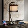 Industrial Desk Table Lamp 22 High with USB and AC Power Outlet in Base Oil Rubbed Wood Metal Cage Oatmeal Drum Shade forLiving Room House Desk