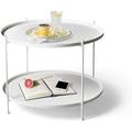 TJUNBOLIFE Modern Metal End Table 23.6 Inch Round Indoor/Outdoor Living Room Small Coffee Table Industrial Night Stand with 2-Tier (White)