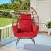 Wicker Egg Chair Oversized Indoor Outdoor Lounger for Patio Backyard Living Room w/ 5 Cushions Steel Frame 440lb Capacity - Red