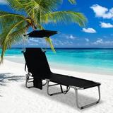 HONGDONG Outdoor Folding Chaise Lounge Chair 5-Fold Reclining Beach Chair Patio Recliner Chair w/ 360Â° Canopy Shade & Side Storage Pocket Portable Chaise Lounge for Beach Sunbathing (1 Black)