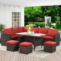 7-Pieces PE Rattan Wicker Patio Dining Sectional Cusions Sofa Set with Red cushions Front Porch Outdoor Patio Furniture Table and Chairs Set