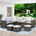 durable Lane Patio Furniture Set 7 Piece Outdoor Dining Sectional Sofa with Dining Table and Chair All Weather Wicker Conversation Set with Ottoman Ivory