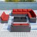 Outdoor Patio Furniture Set 6 Pieces Sectional Rattan Sofa Set Brown PE Rattan Wicker Patio Conversation Set with 5 Navy Blue Seat Cushions and 1 Tempered Glass Table