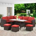durable Lane Outdoor Patio Furniture Set 7 Piece Outdoor Dining Sectional Sofa with Dining Table and Chair All Weather Wicker Conversation Set with Ottoman Grey