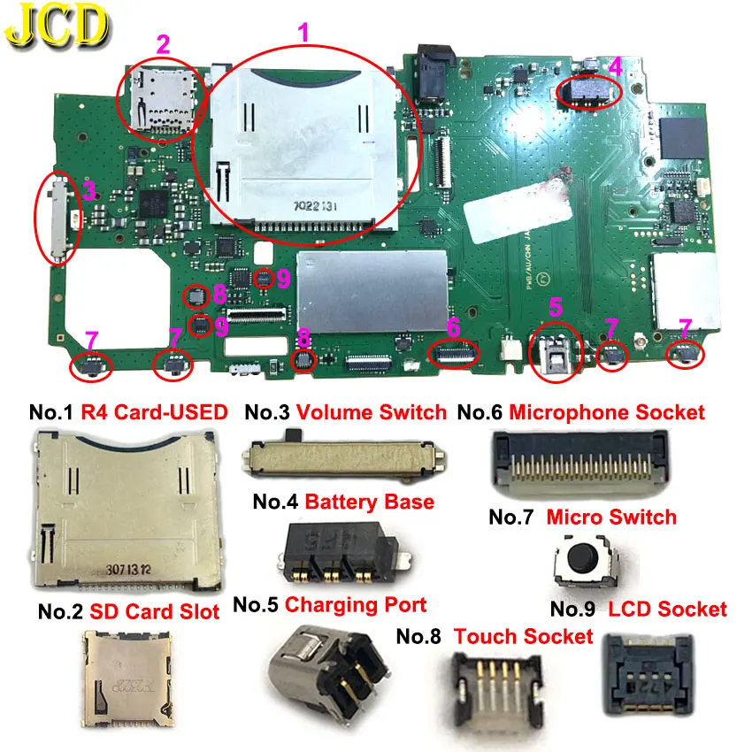 Für Neue 2DS XL LL Lautstärke Taste Micro Schalter Batterie Basis Lade Port R4 SD Karte Slot Mikrofon Touch LCD Buchse stecker Image