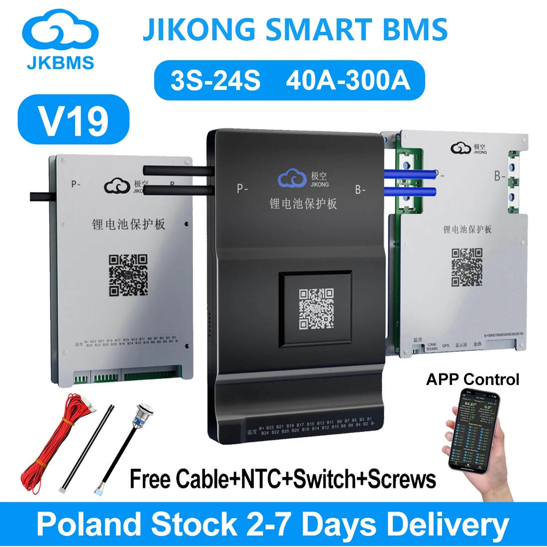 JIKONG V19 JK BMS 4S-8S-24S Smart BMS BT APP RS485 CAN HEAT 0.4A-2A 12V-100V Aktives Balancing-BMS für Li-Ion, LiFePO4, LTO Batterien Image