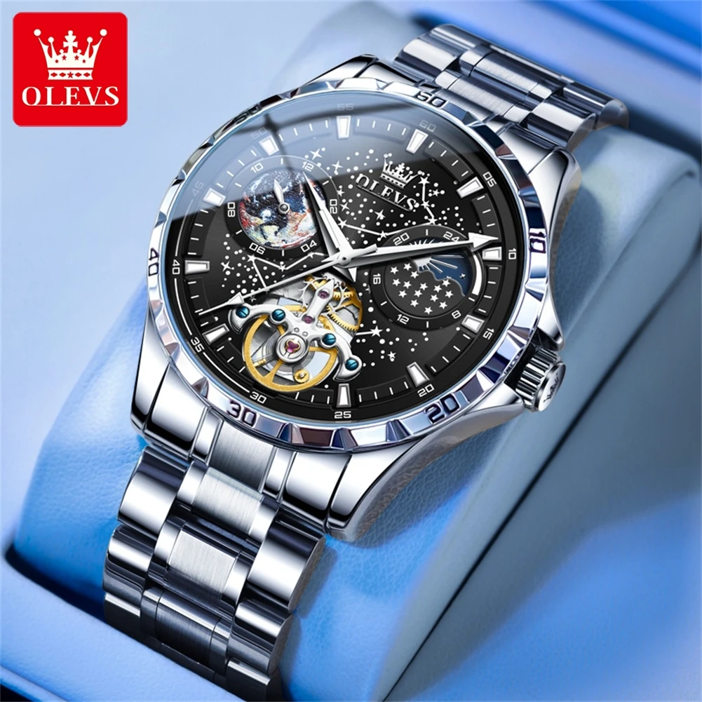 OLEVS Marke Original herren Uhren Leuchtende Voll Automatische Mechanische Uhr Wasserdicht Mond Phase Sternen Multifunktionale Image