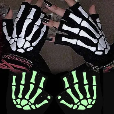 Neue Erwachsene Cosplay Halloween Skelett Schädel Halbfinger Punk Handschuhe Glow in the Dark Fingerlose Stretch Gestrickte Winter Fäustlinge Image